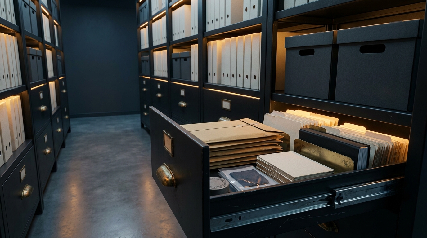 A dark evidence archive corridor with an open source drawer and controlled lighting