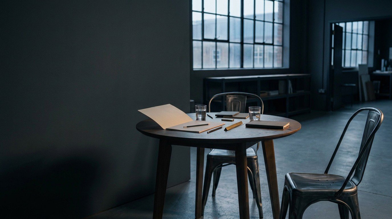 A dark industrial strategy studio with a round table, two chairs and shared papers