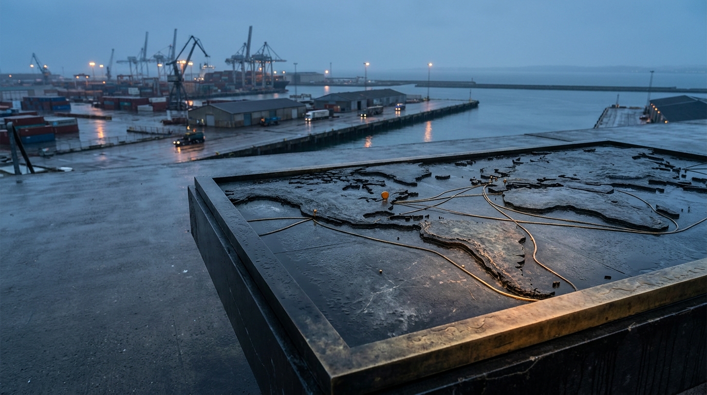 A physical route map with brass path lines and evidence markers above a harbour