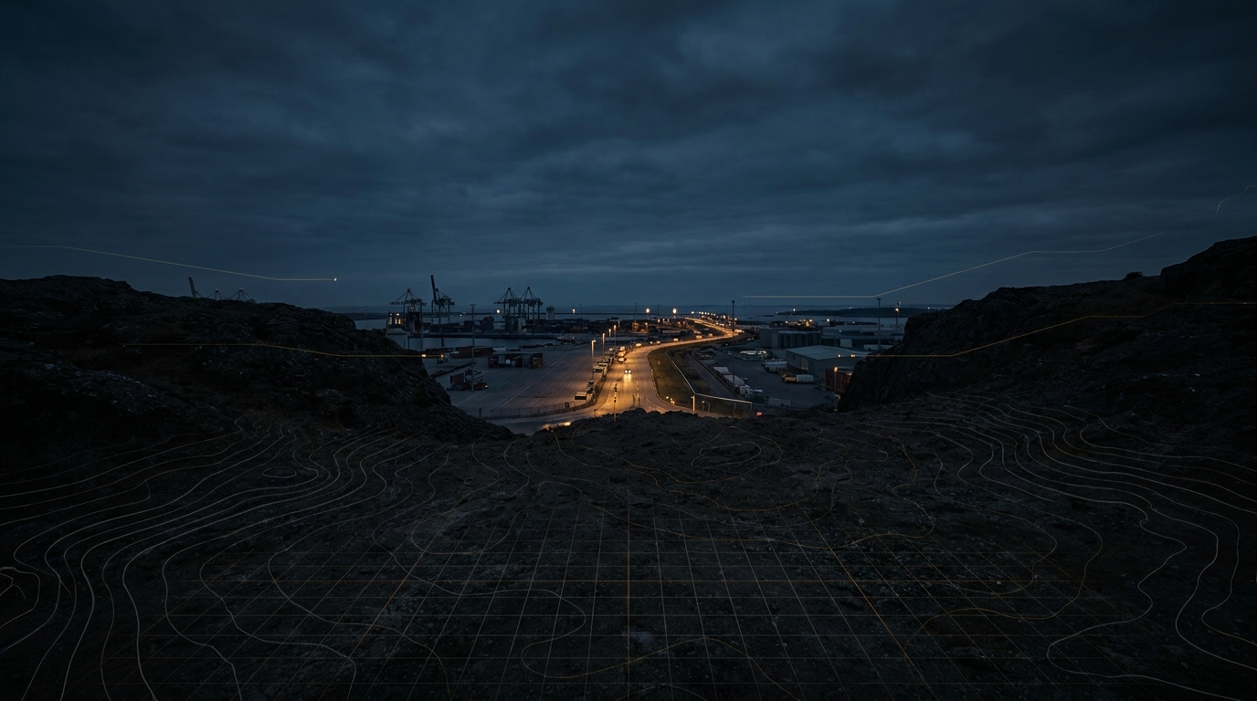 A dark industrial route landscape with subtle amber paths through a port and manufacturing corridor