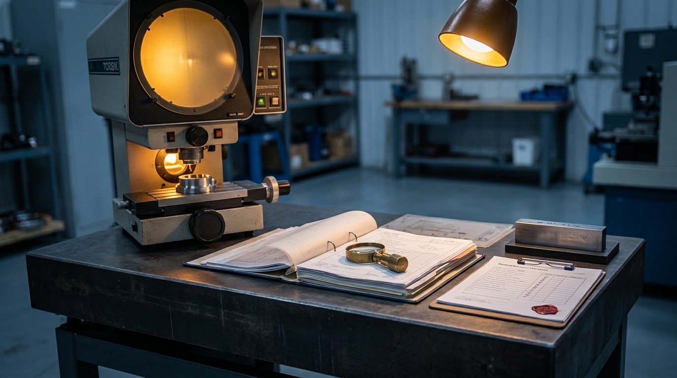 An industrial inspection bench with optical equipment, files and measurement tools