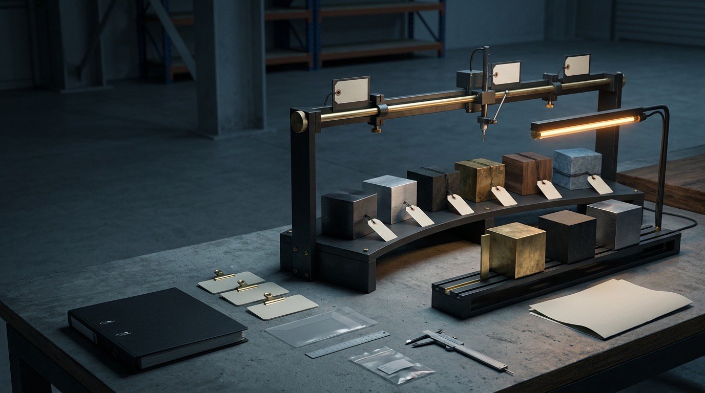 A curved industrial comparison rig with candidate market blocks and a three-item shortlist