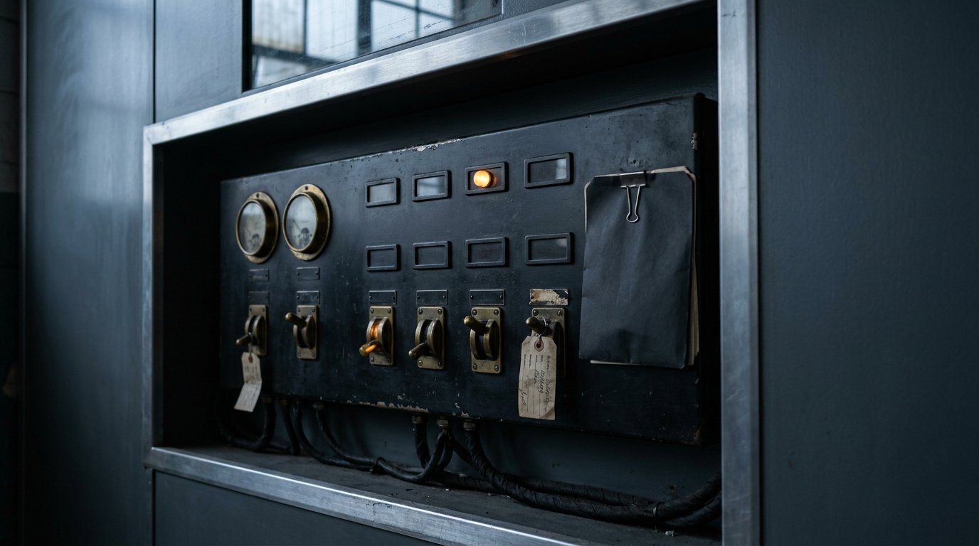 A dark analog control panel with gauges, switches and a single amber signal light for response readiness