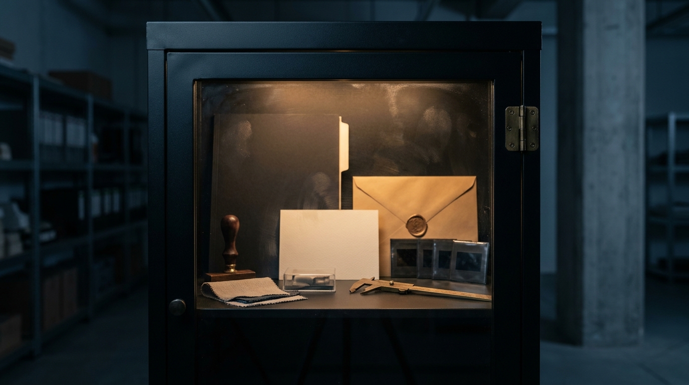 A single market evidence cabinet with documents, samples and inspection objects under warm light