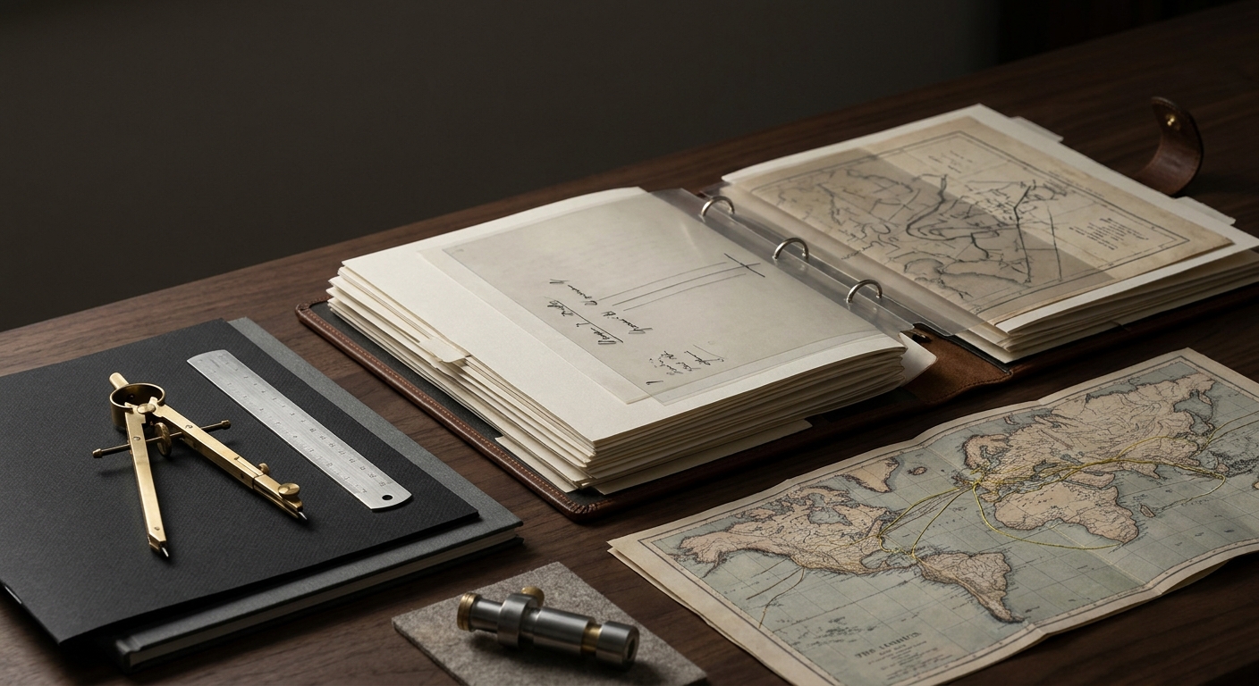 A structured project binder, instruments and international maps on a planning desk