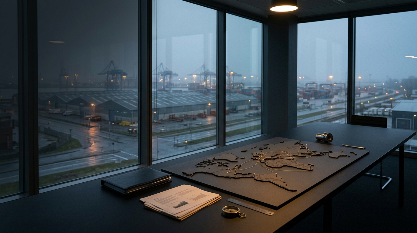 A dark strategy table with physical market routes, evidence papers and a port beyond the glass