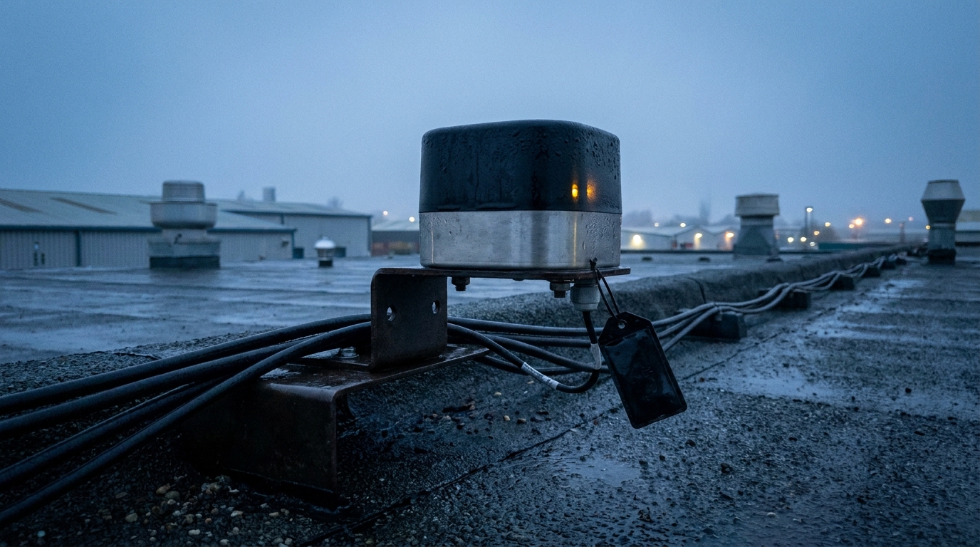 A rooftop market-watch sensor monitoring change across an industrial landscape