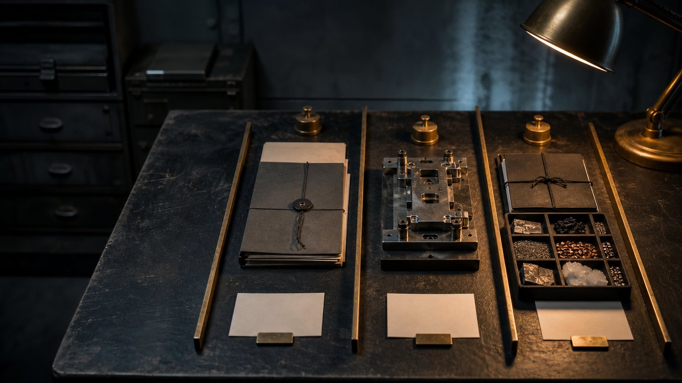 A dark planning table with three separated export route lanes, blank files, machined components and brass inspection weights