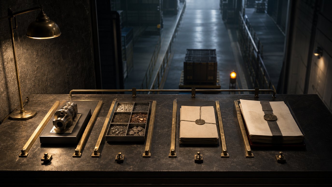 A dark freight corridor workbench with blank product files, material trays, route rails and a distant container marker