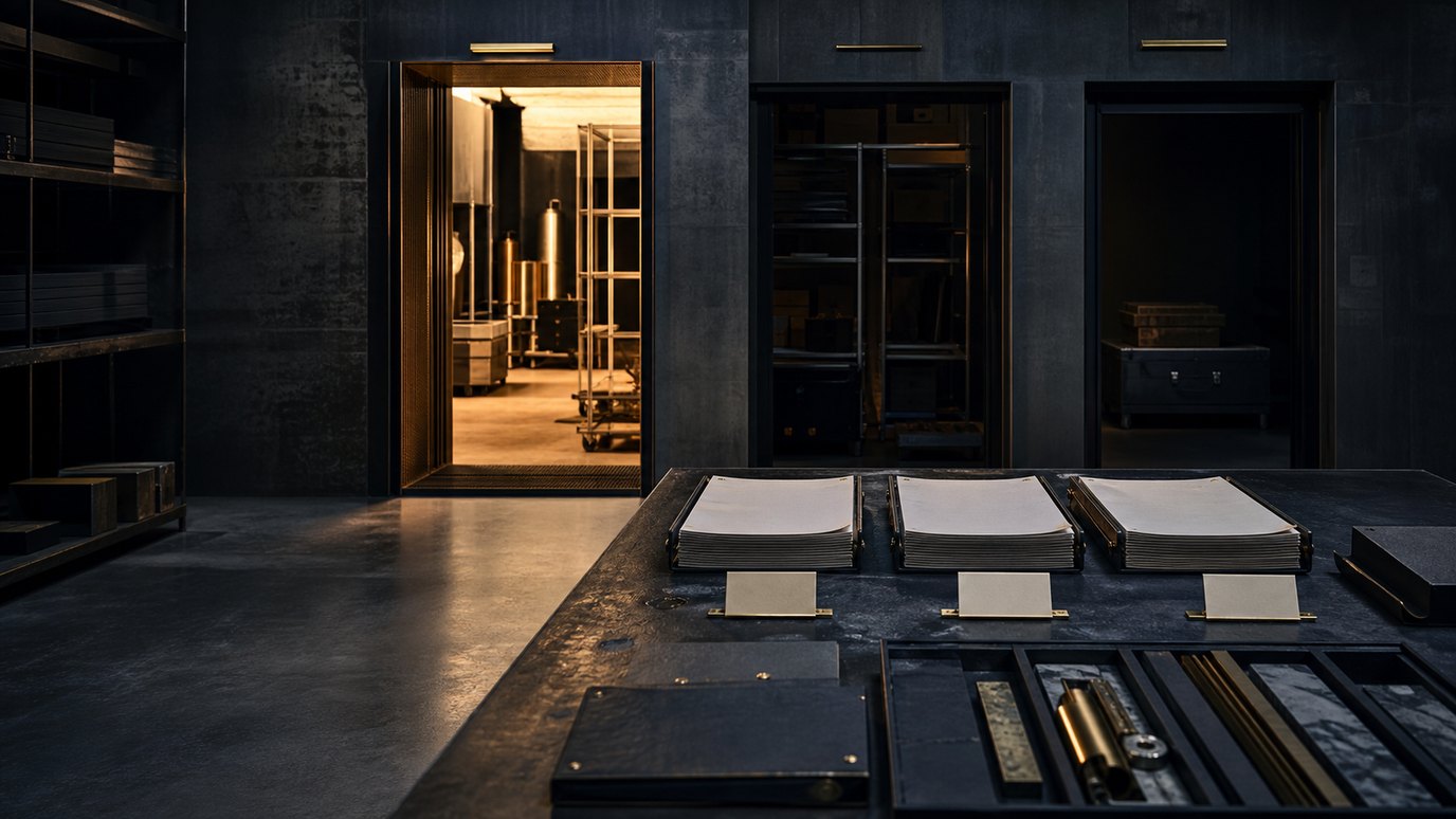 A dark market-entry threshold room with blank readiness files, brass rails and uneven illuminated doorways