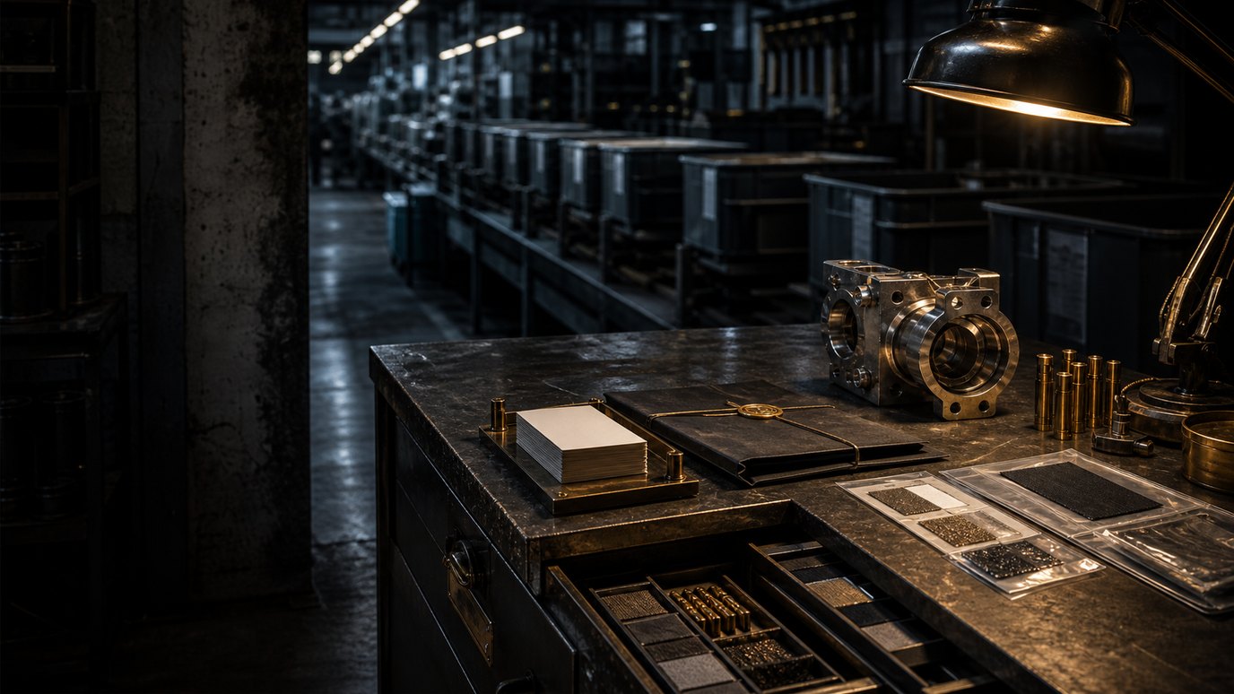 A dark production-data bench with blank product records, machined parts, brass guides and a factory line in the background