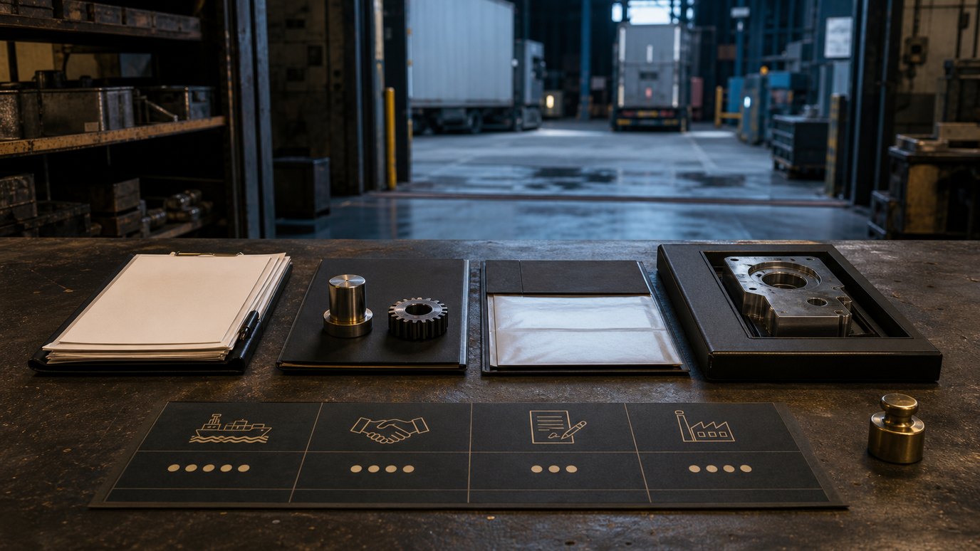 A factory-threshold planning bench with blank route files, machined parts, brass markers and loading-bay equipment beyond