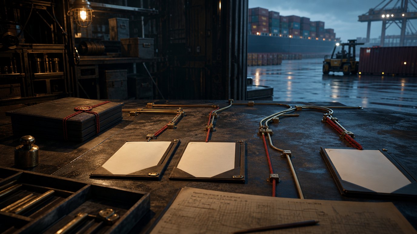 A port-side route planning bench with blank market folders, brass route rails, red cord and container activity beyond the loading bay