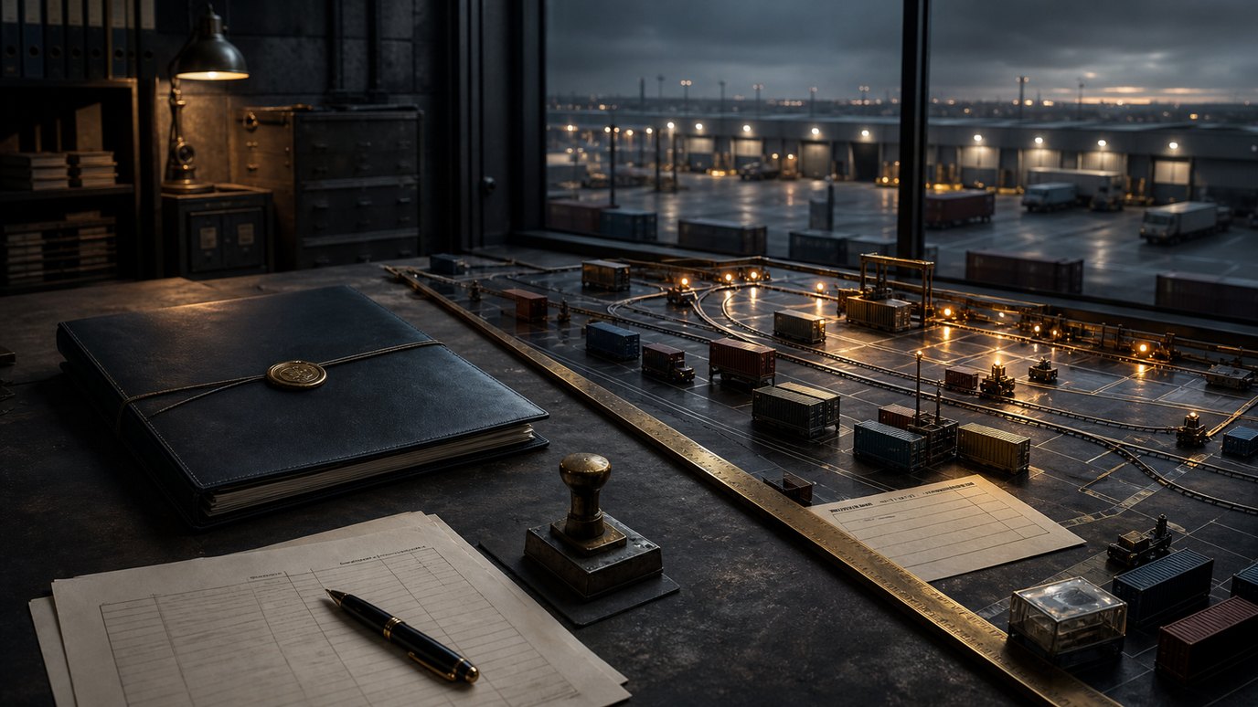 A dark corridor-readiness room with a sealed agreement file, operational route model, blank papers, brass stamp and freight yard beyond