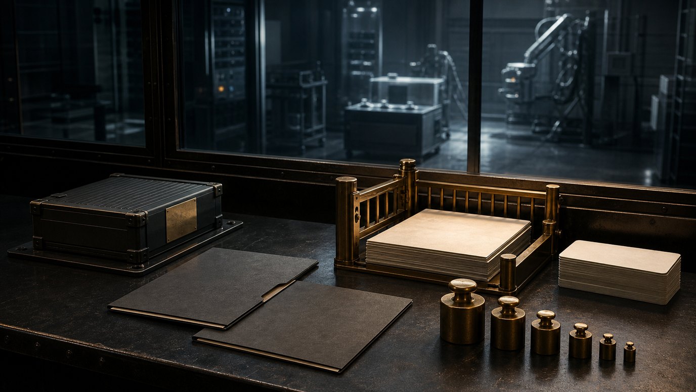 A dark compliance approval bench with blank files, a brass access gate, priority weights and a technical testing room beyond