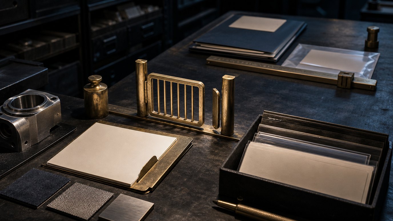A dark origin-control bench with blank files, material samples, brass gate, supplier evidence and cost-to-serve tools