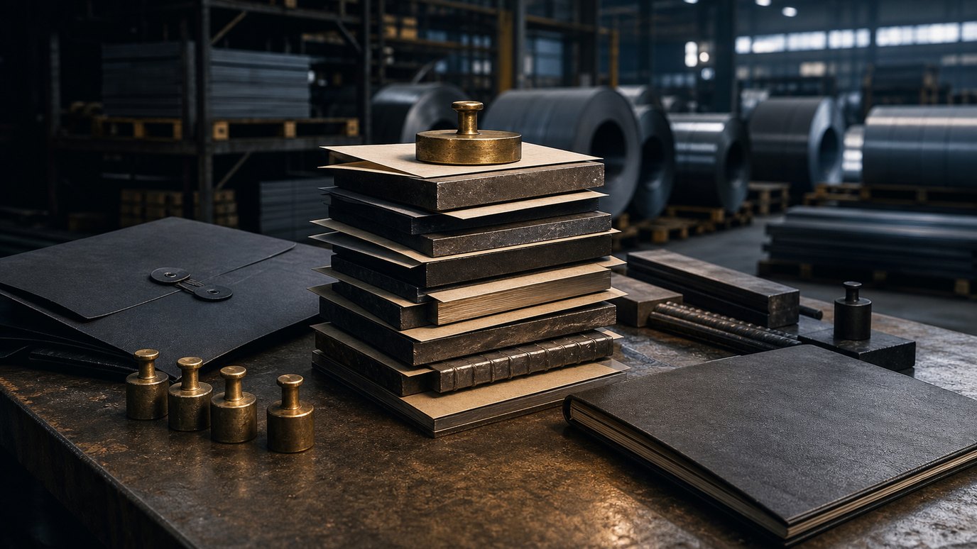 A steel warehouse assessment bench with layered metal plates, blank cards, brass weights and steel coils in the background
