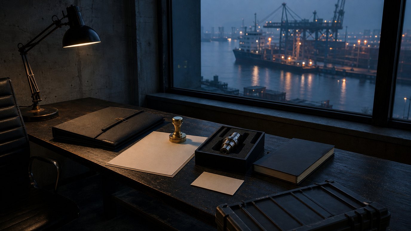 A dark port-facing briefing room with an empty chair, blank documents, a brass stamp, a product sample and an export crate on a decision table
