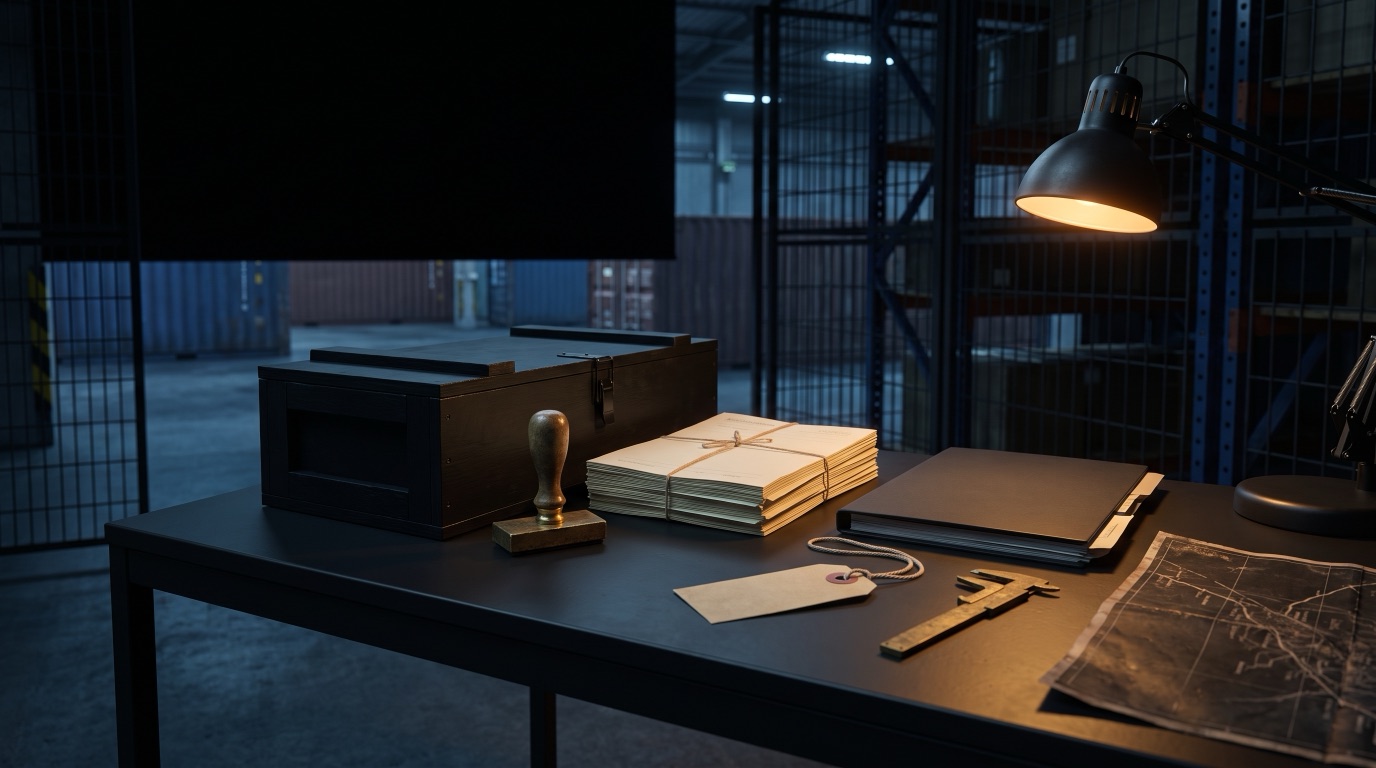 A dark origin-readiness control table with a sealed export crate, blank documents and a brass stamp under warm task light