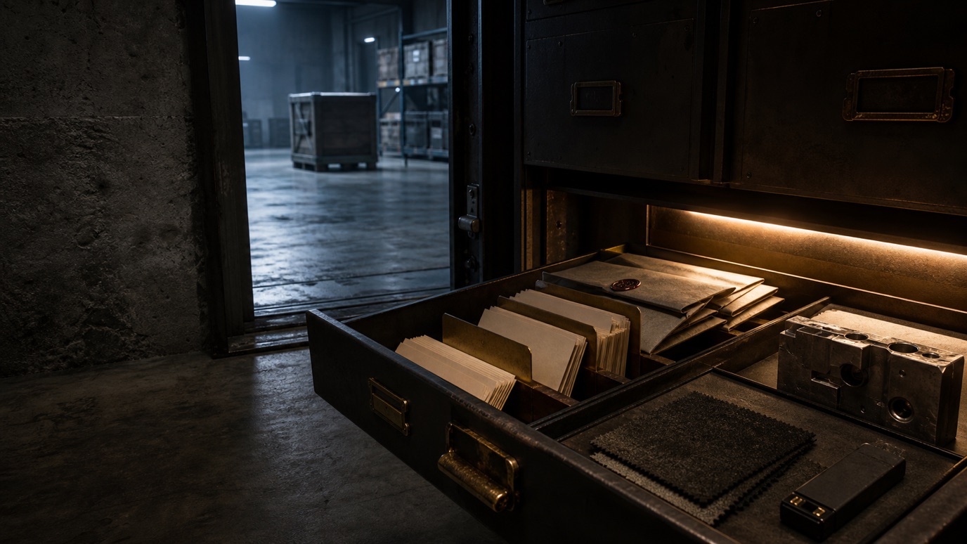 An open product evidence cabinet with blank records, supplier envelopes, material samples and a cool loading-bay threshold beyond