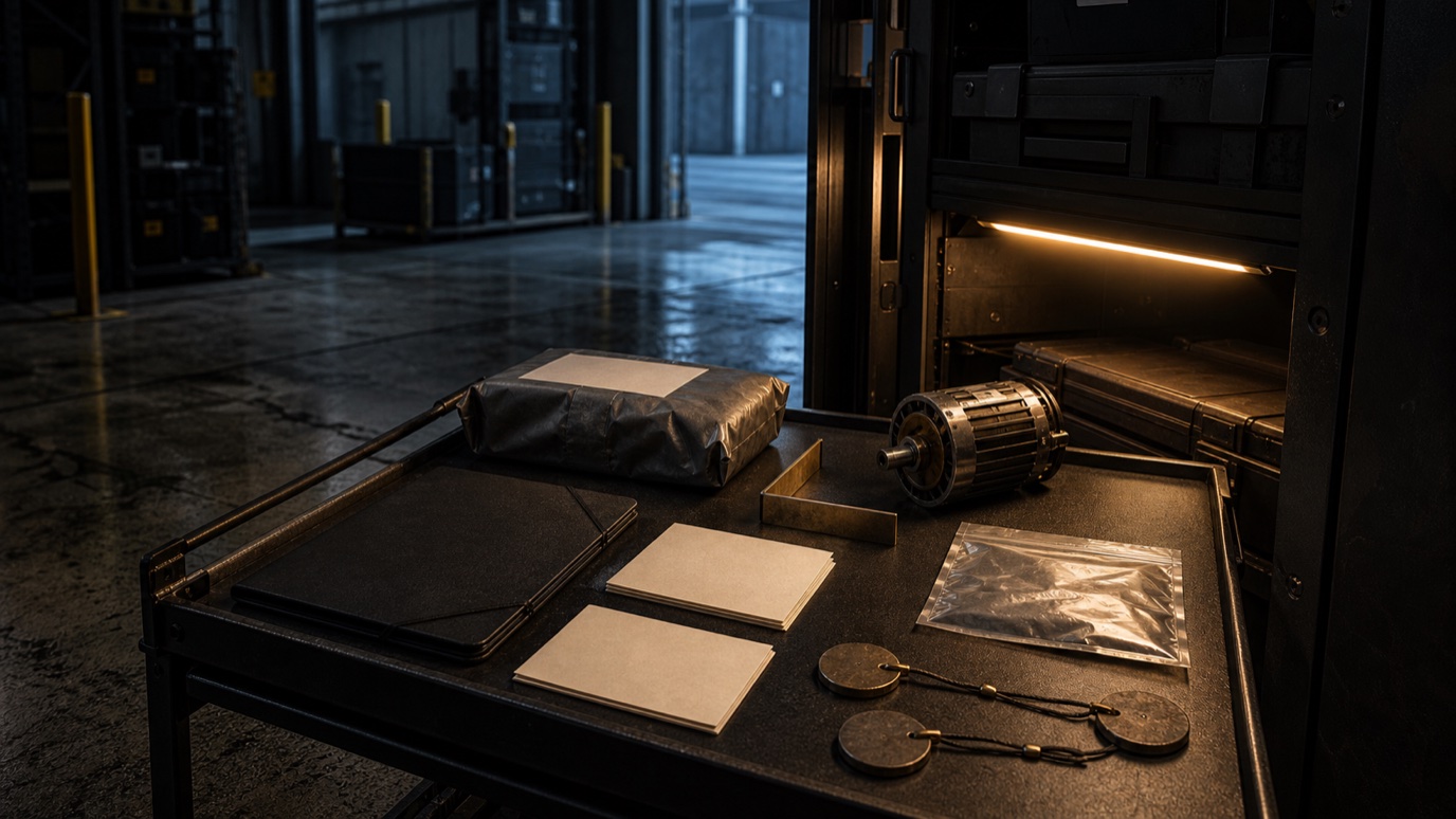 Factory evidence trolley with a motor component, blank supplier papers, sample sleeves and amber-lit cabinet beside a cool loading-bay threshold.