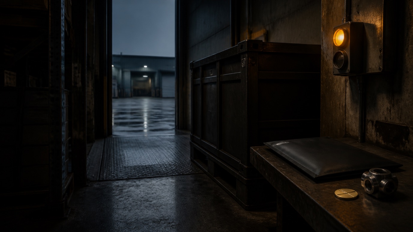 A covered loading-bay threshold with a black export crate, blank evidence sleeve, machined component and amber route signal beside a cool service-yard opening.