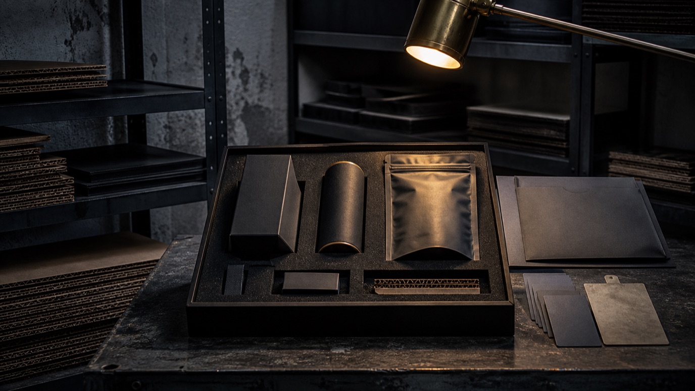 Dark packaging evidence bench with blank packaging samples, material cards and a sealed sample pouch under an amber inspection lamp.