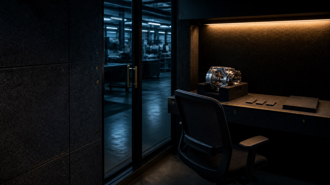 Secure engineering review suite with a precision component, blank access tokens and an empty decision chair beside a glass-walled production floor.