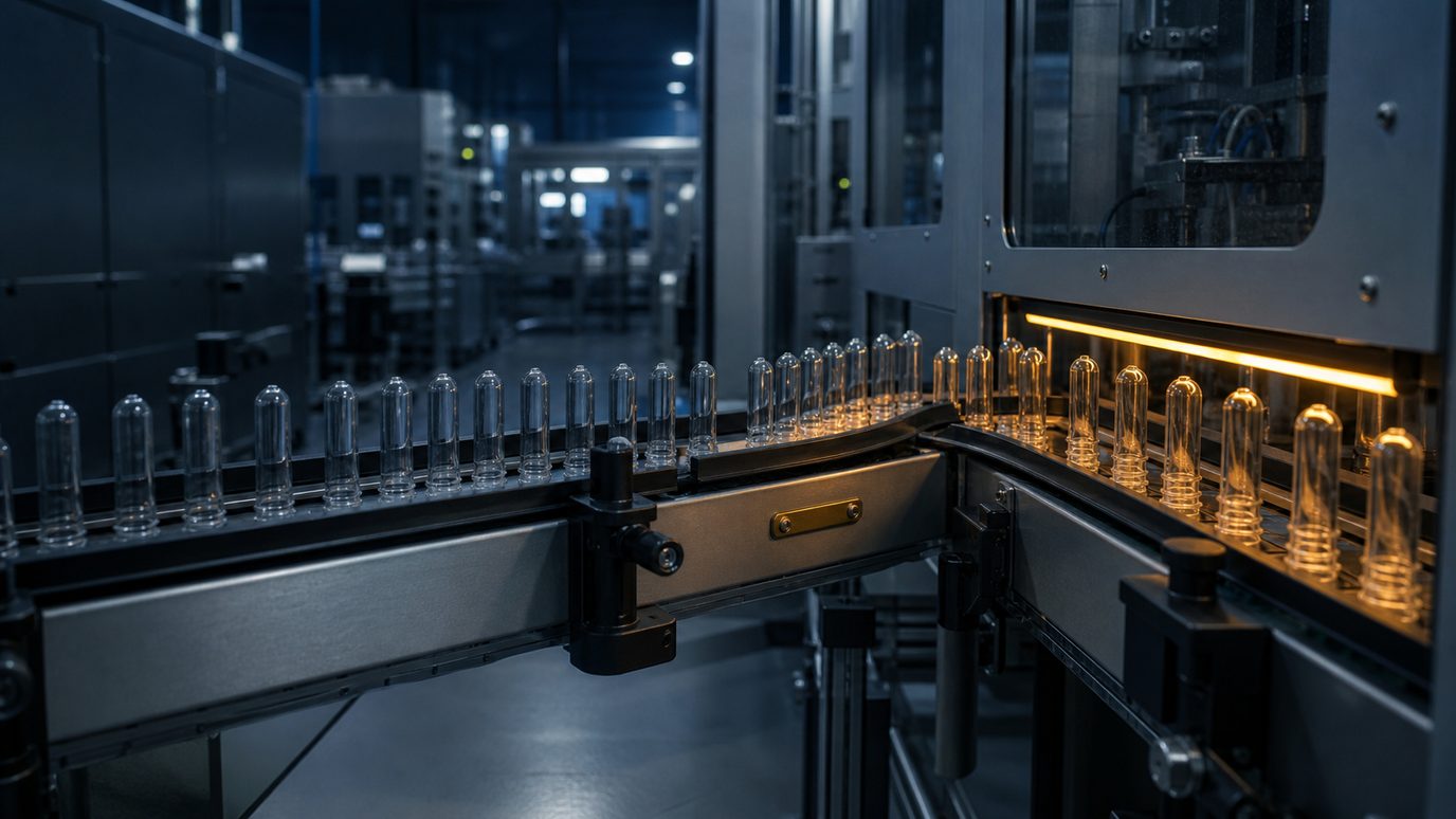 Clear PET preforms move through a forked production line beneath an amber inspection light.