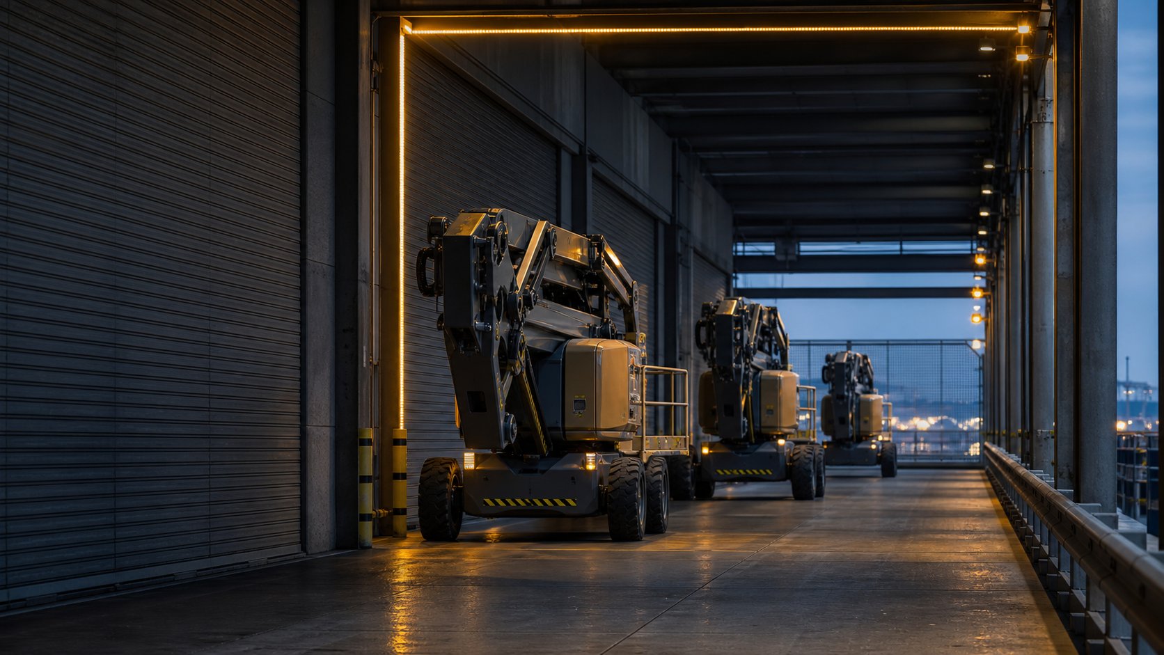 Three folded boom lifts wait in sequence at an amber-lit freight release threshold.