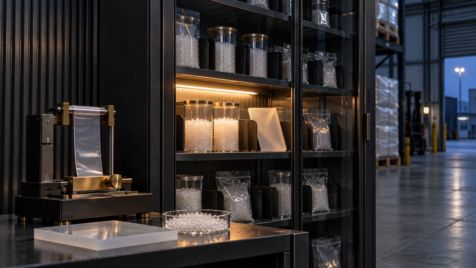 LLDPE resin samples sit in an amber-lit evidence archive beside a polymer test fixture.
