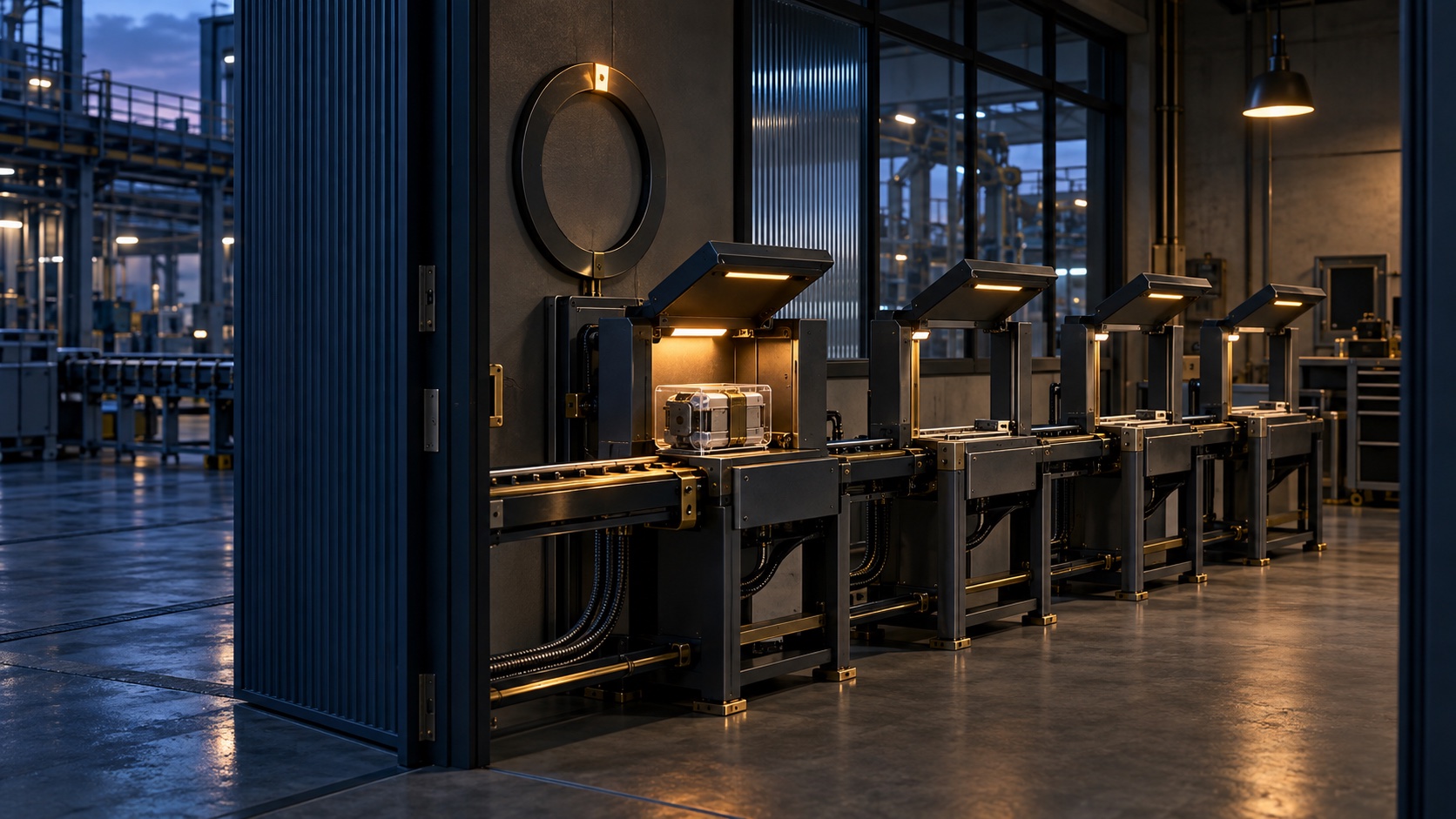 Four amber-lit response stations sit ready beneath a numberless timing ring inside a manufacturing site.