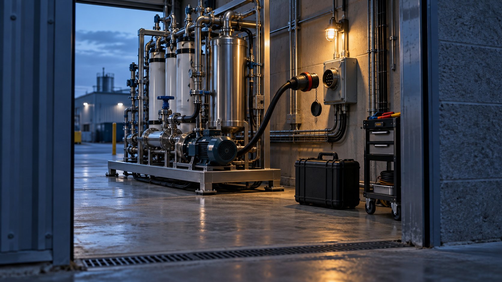 An industrial water-treatment skid is inspected where its equipment connection meets a site electrical interface in a quiet commissioning bay.