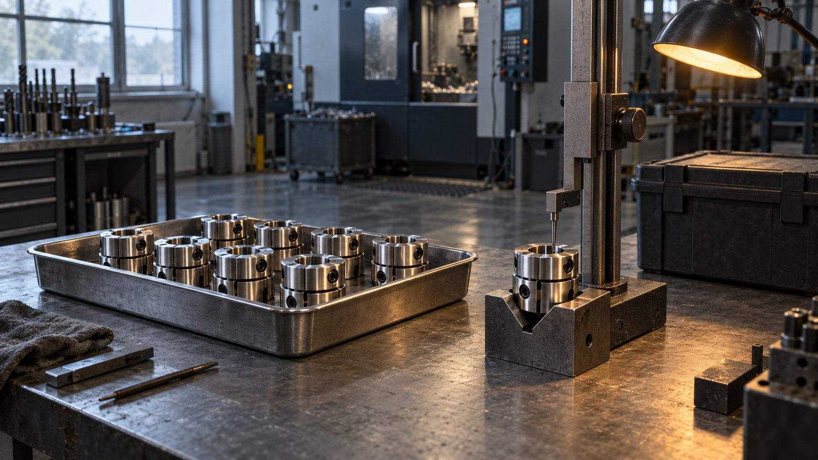 A small batch of machined steel couplings sits beside a separately gauged sample on an inspection bench.