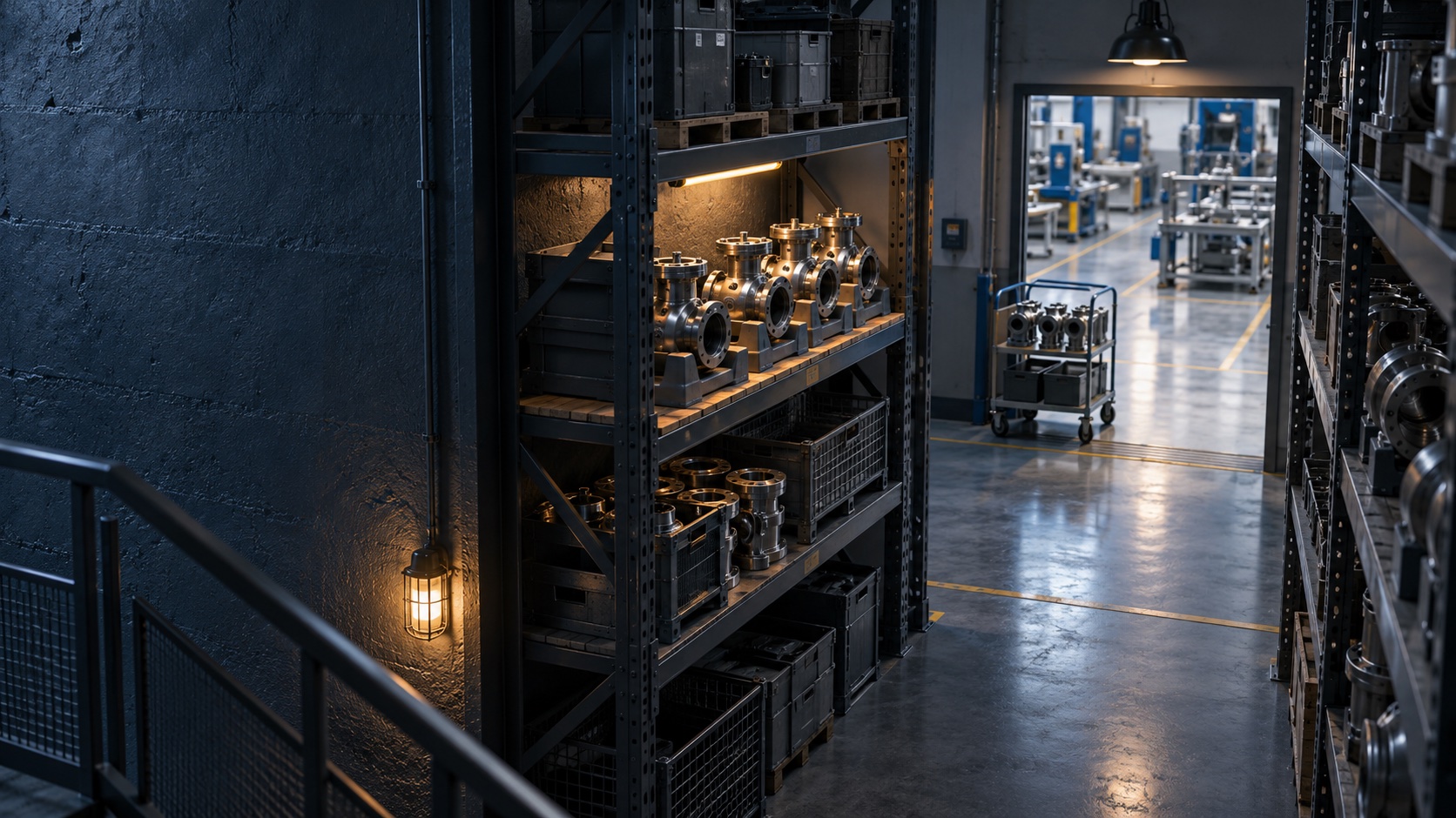 A dark materials store holds machined valve bodies in racks beside a replenishment trolley.