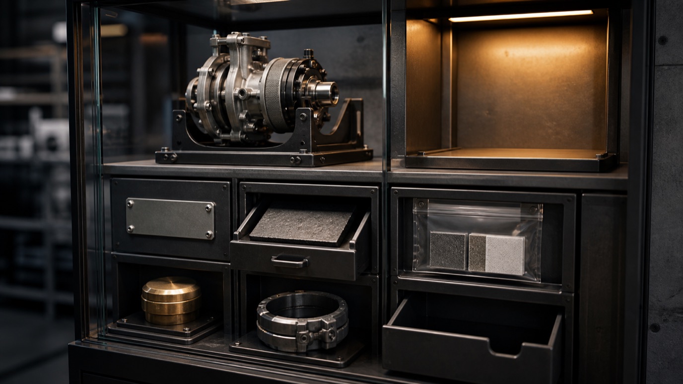A machined product assembly and material samples arranged for a product-evidence review.