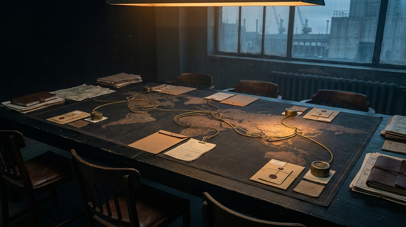 A route-planning table with maps, evidence cards and market paths prepared for a board decision